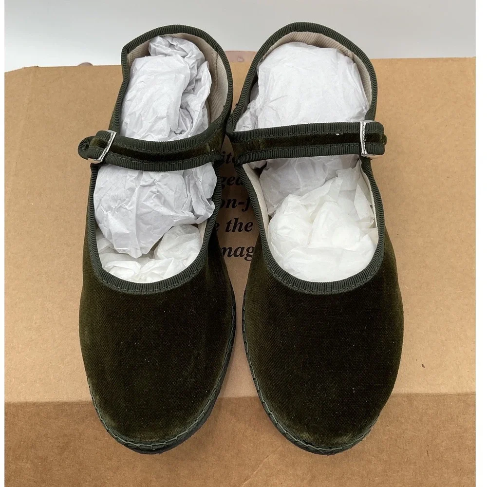 Vibi Venezia Womens Forest Green Velvet Mary Jane Flat Shoes Made in Italy